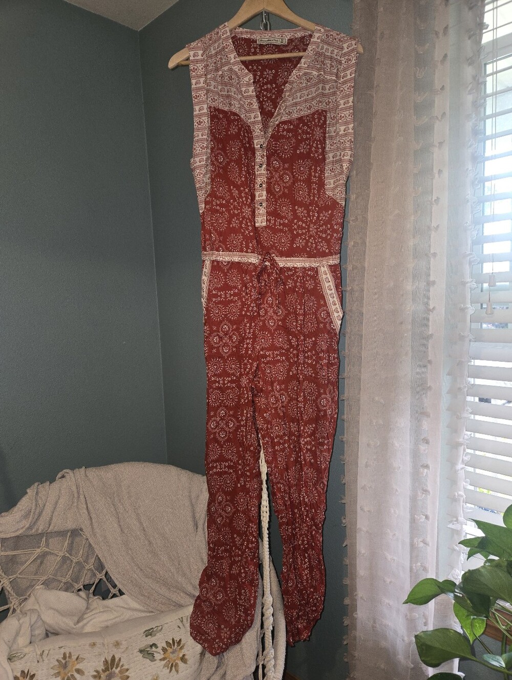 Abercrombie & Fitch Red Paisley Sleeveless Jumpsuit with Tie Waist